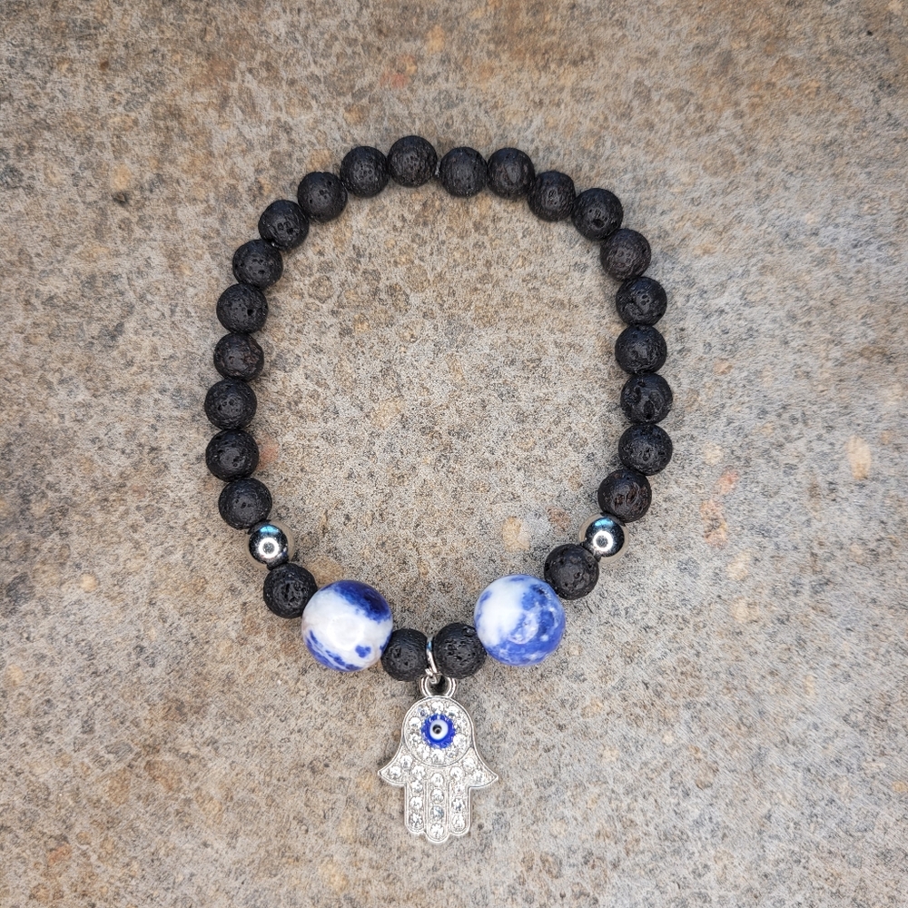 Agate Fatima Evil Eye Handmade Lava Bead Bracelet - Picture 2 of 4